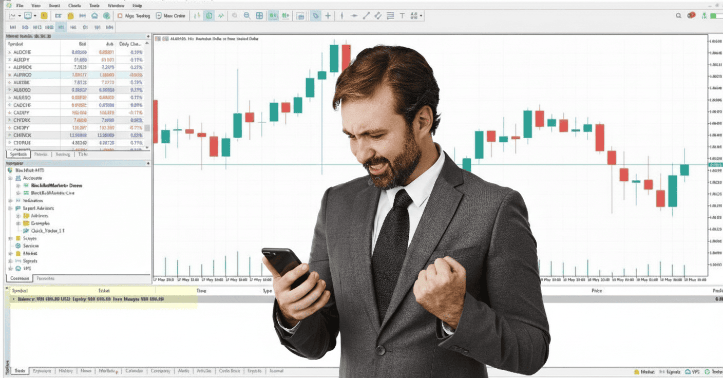 Man trading on a mobile device, displaying a buy and sell interface with bid and ask prices.